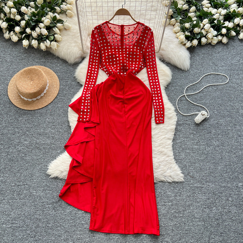 elegant party rhinestone mesh splicing ruffled slit long bodycon