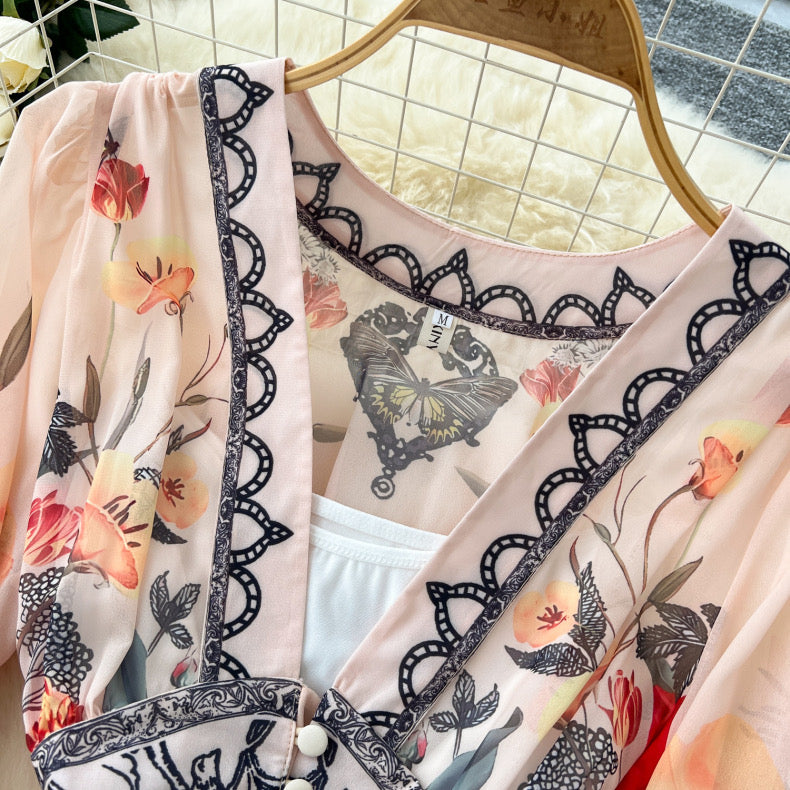 fashionable positioning print deep V-neck dress