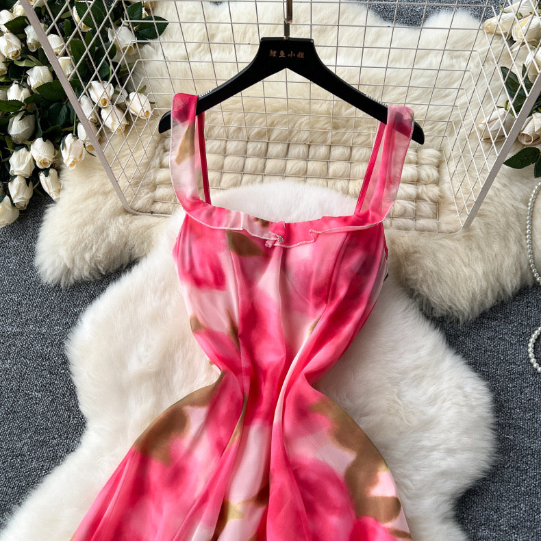 fairy suspender rose print chiffon dress