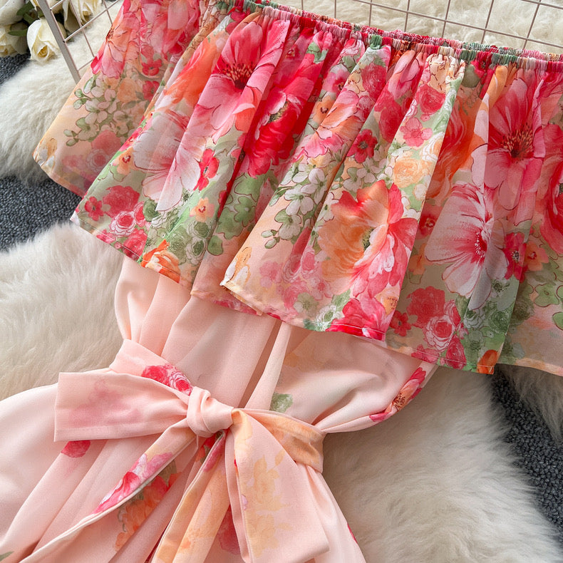 ruffled patchwork waist slimming and elegant printed chiffon dress