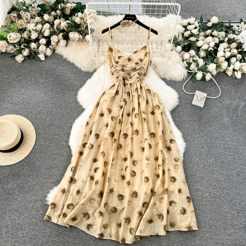 printed platycodon backless slim suspender dress m2417