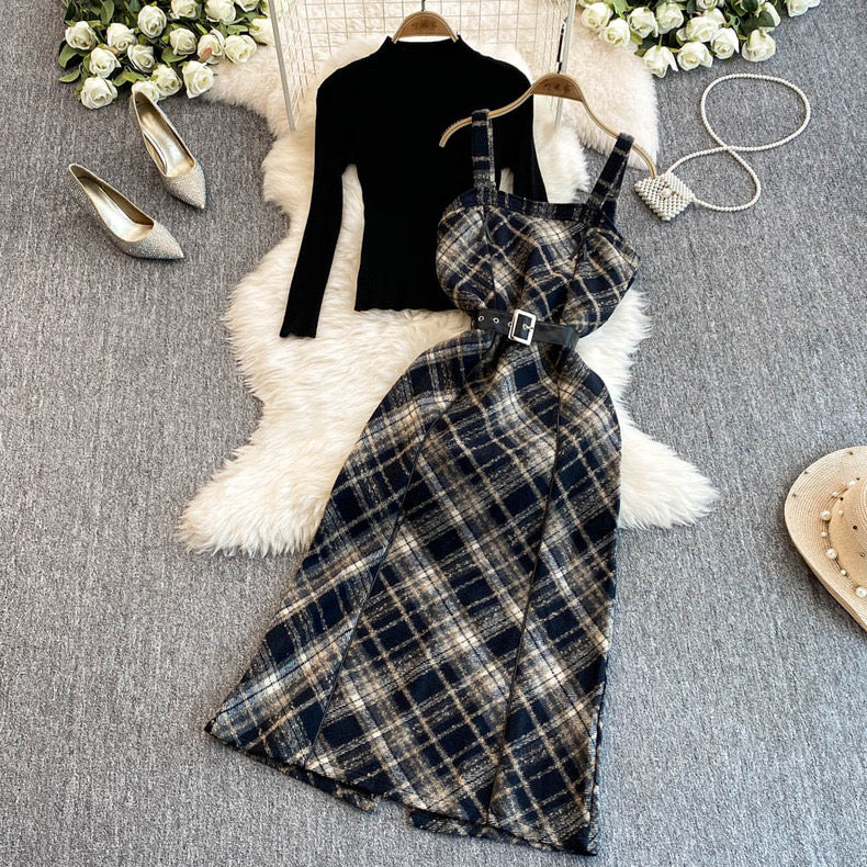plaid suspender dress black inner top two-piece set