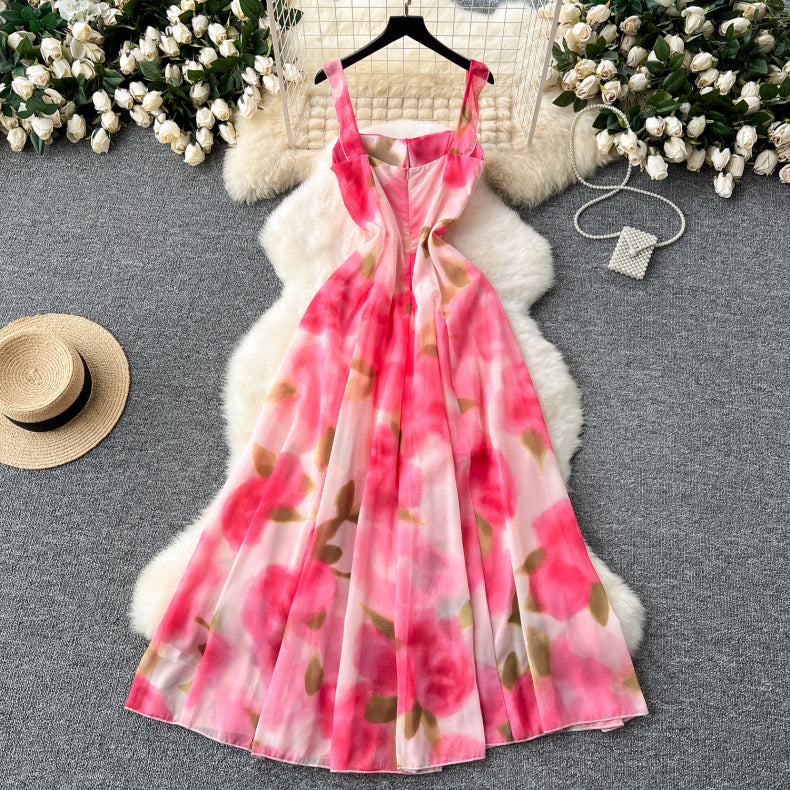 fairy suspender rose print chiffon dress