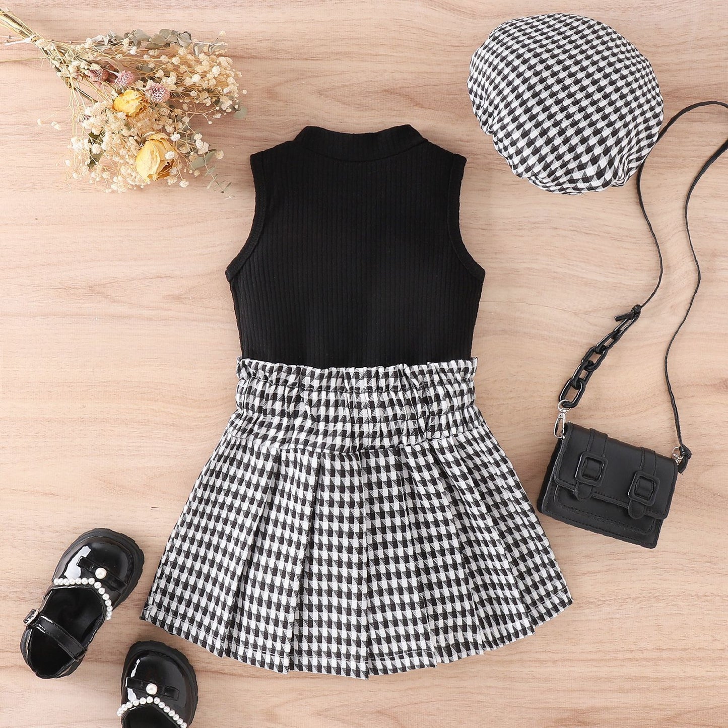 children's sleeveless tops houndstooth high-waisted pleated skirts hats girls' suits