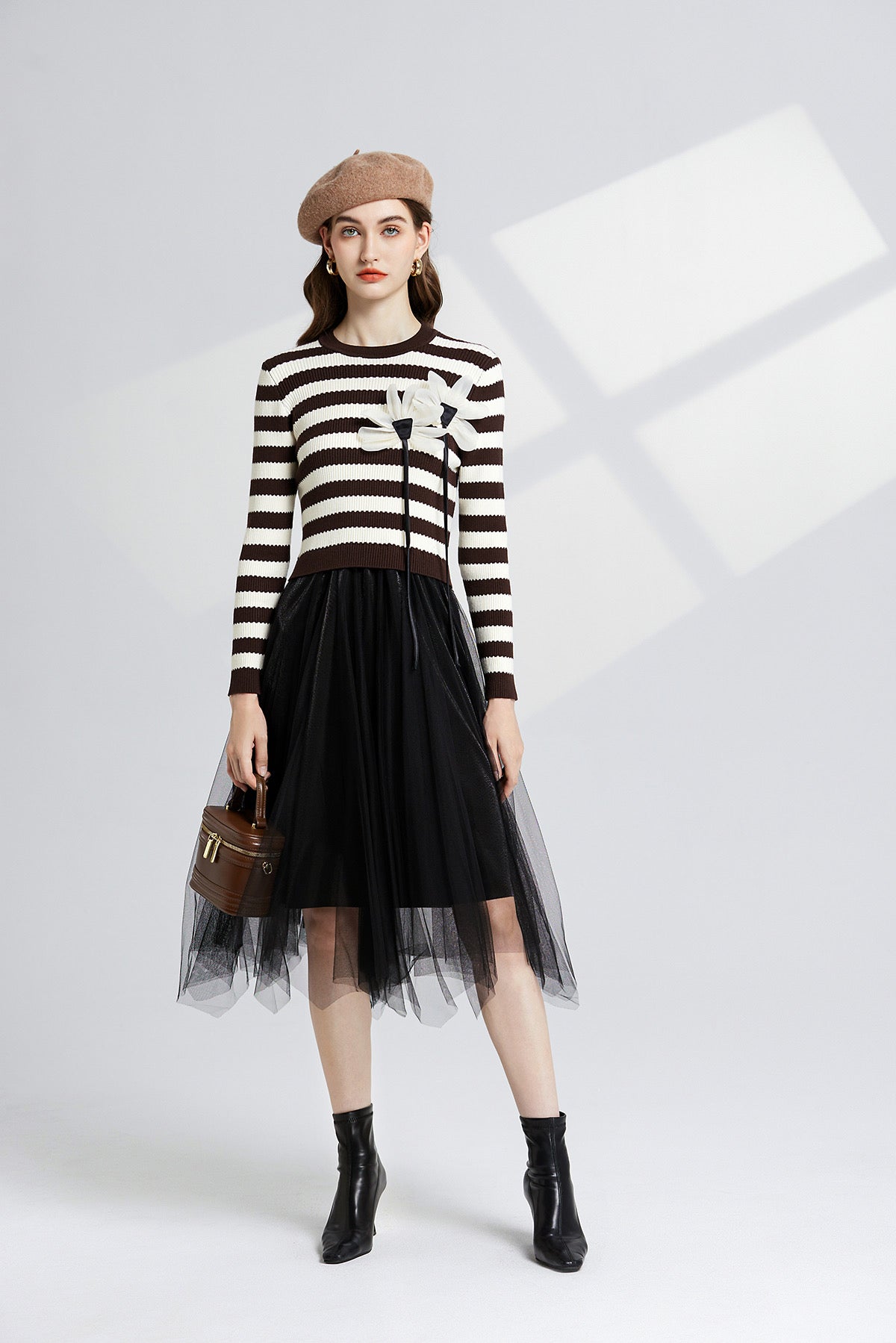 Knitted 3 D flower mesh dress