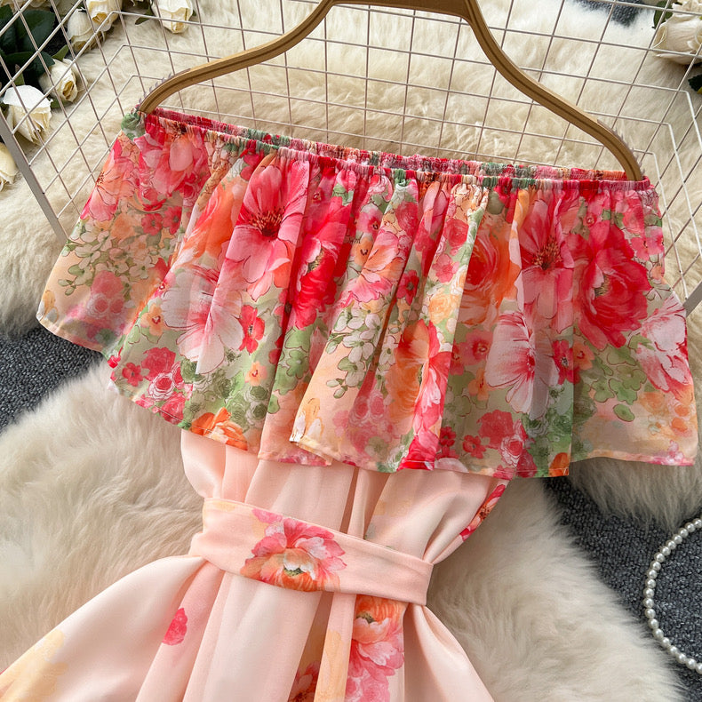 ruffled patchwork waist slimming and elegant printed chiffon dress