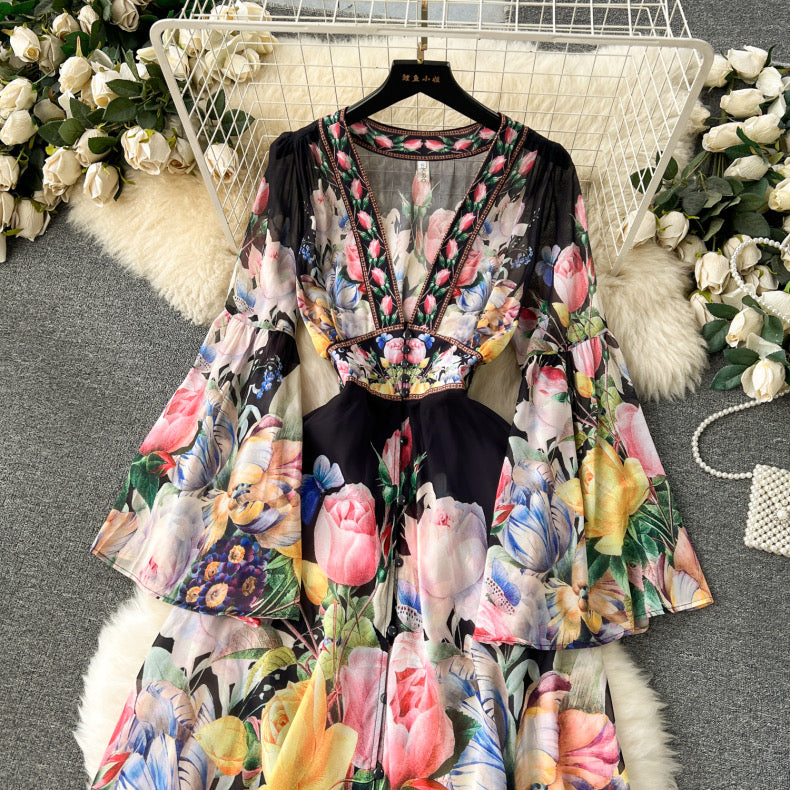 palace style bell sleeves chiffon ruffle dress