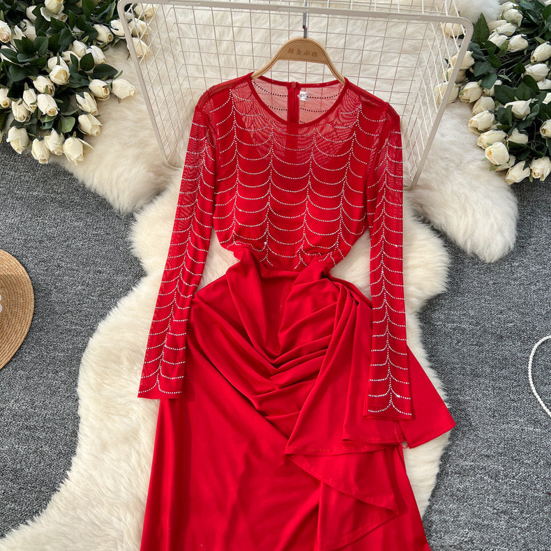 elegant party rhinestone mesh splicing ruffled slit long bodycon