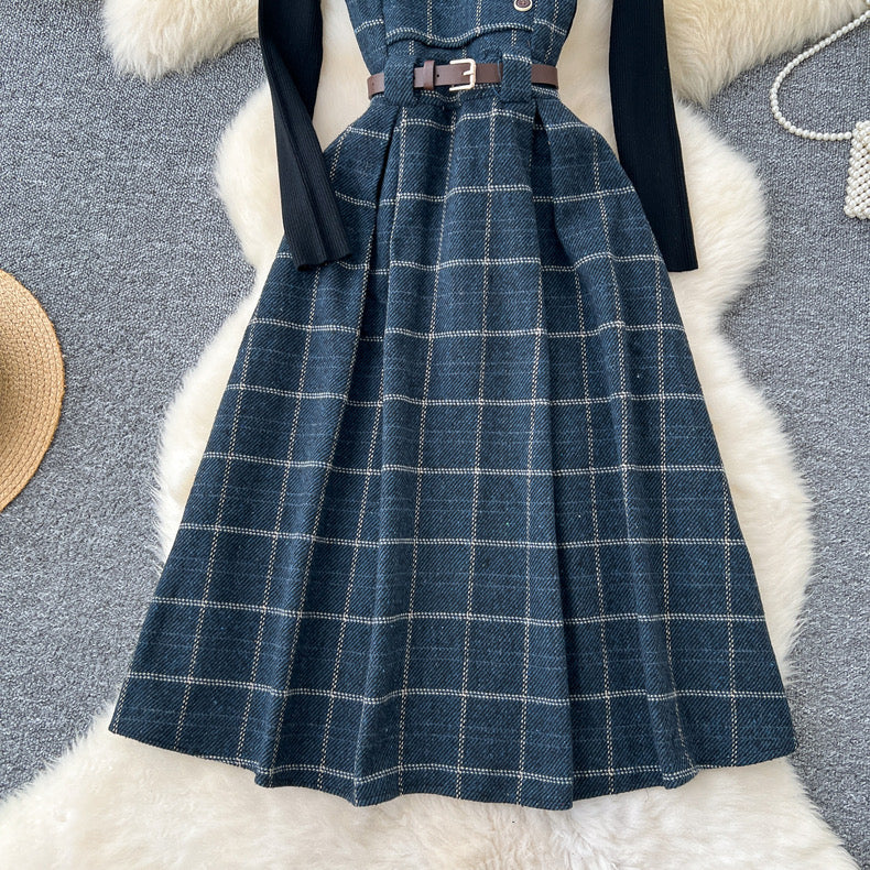 plaid suspender dress knitted sweater two-piece set
