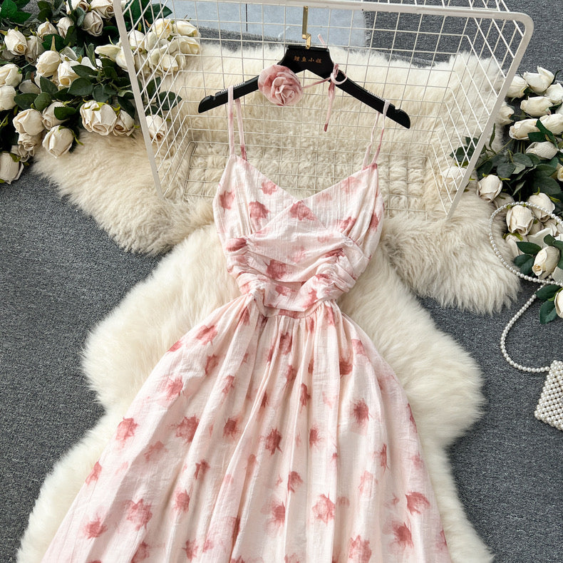 printed platycodon backless slim suspender dress m2417