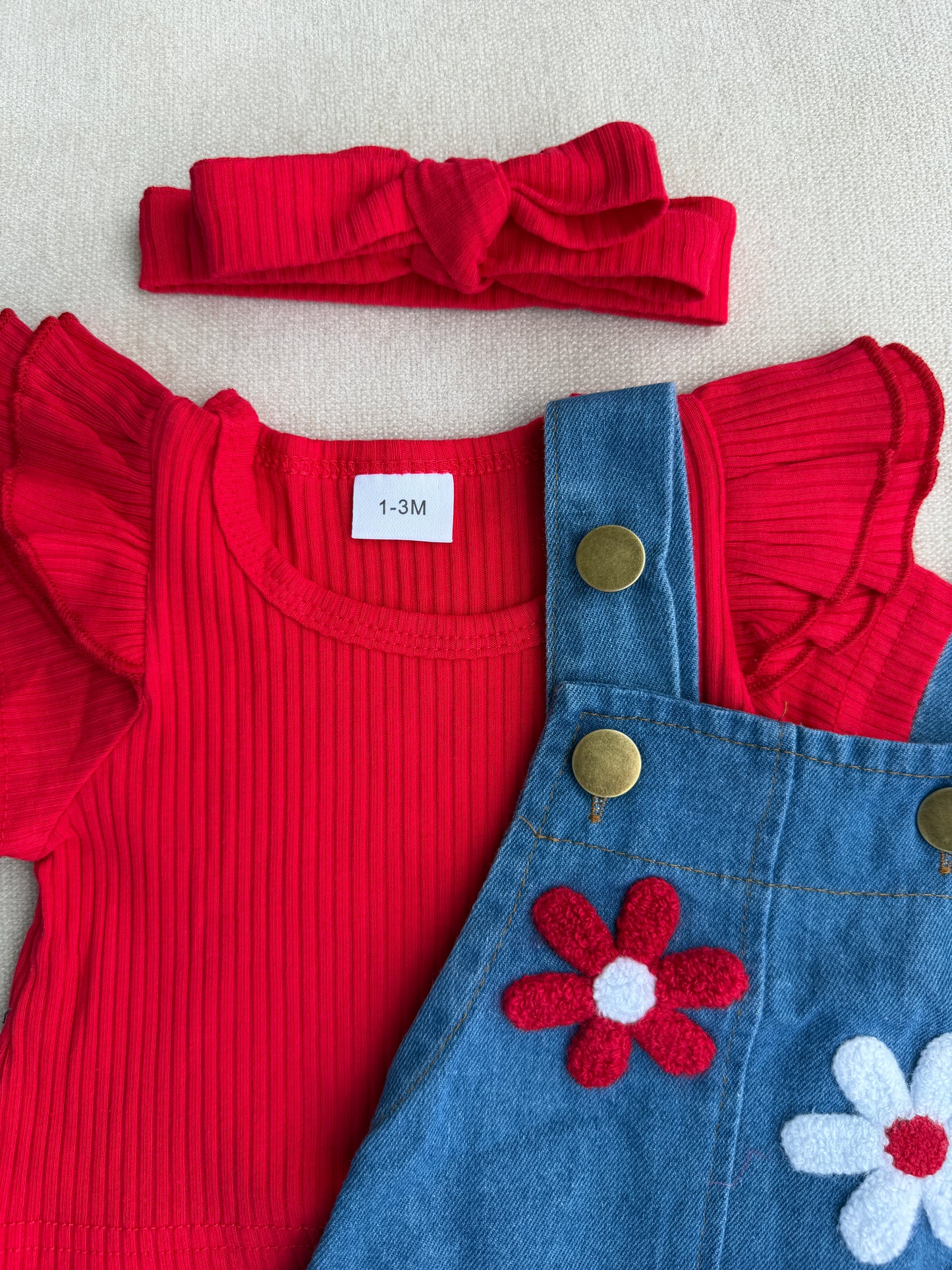 Red & Denim Floral Baby Girl Romper Set 🌸