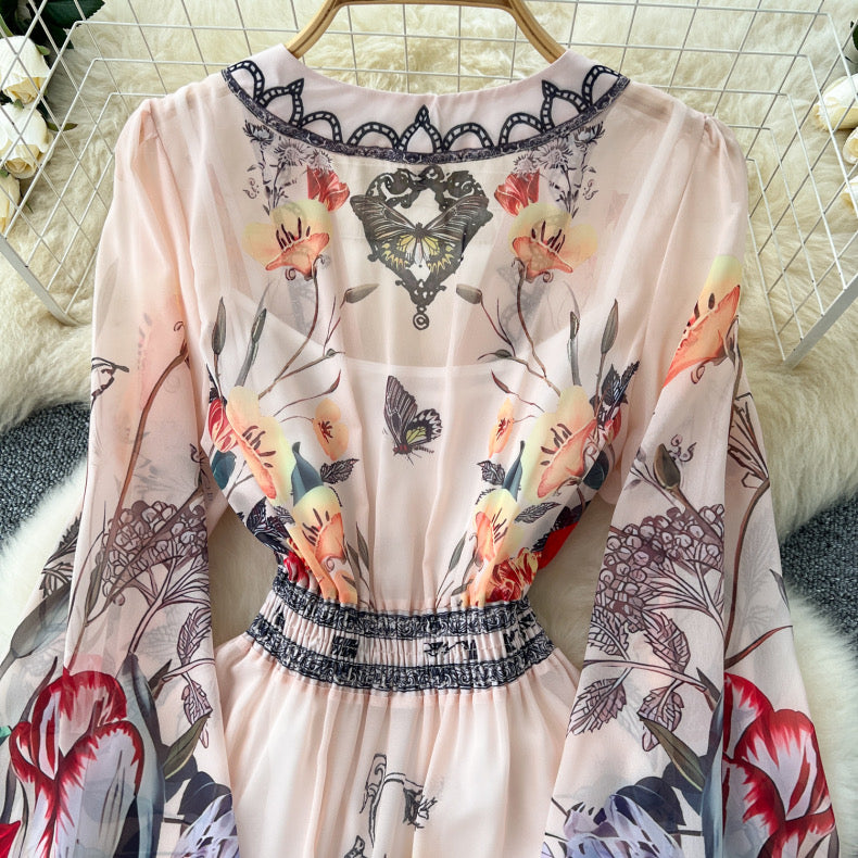 fashionable positioning print deep V-neck dress