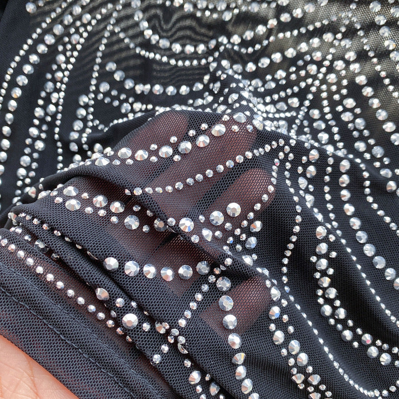 see-through, mesh heavy-duty rhinestone work blouse