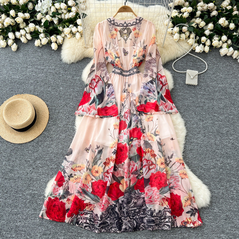 fashionable positioning print deep V-neck dress