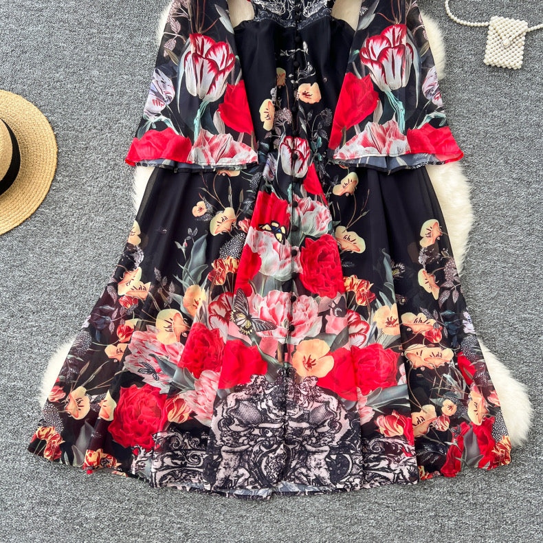 fashionable positioning print deep V-neck dress
