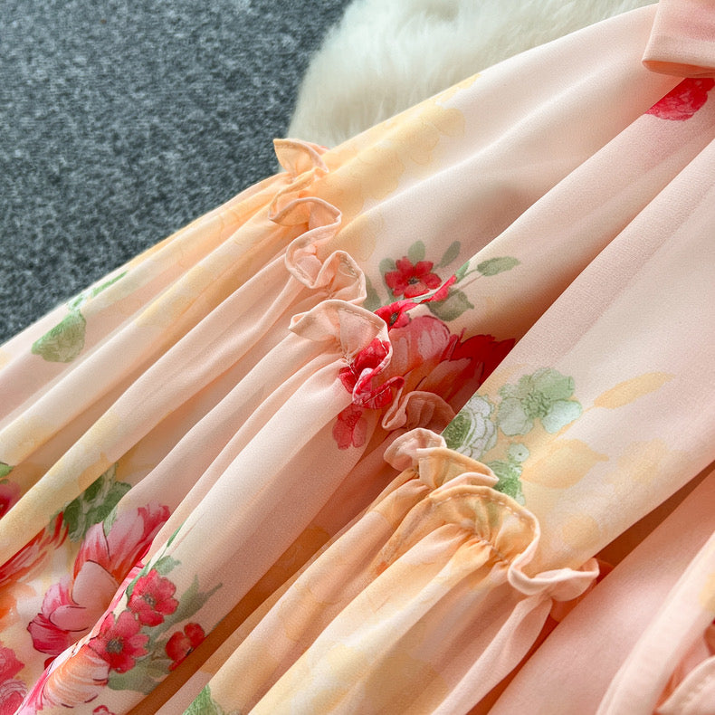ruffled patchwork waist slimming and elegant printed chiffon dress
