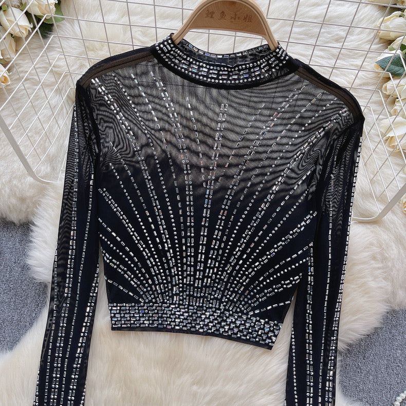 see-through, mesh heavy-duty rhinestone work blouse