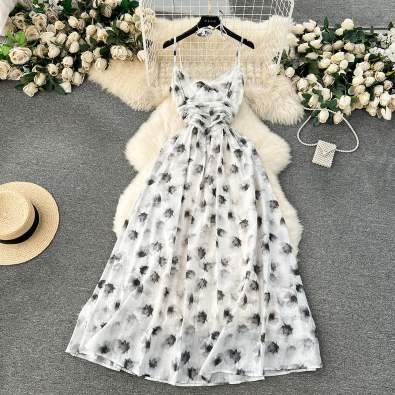 printed platycodon backless slim suspender dress m2417