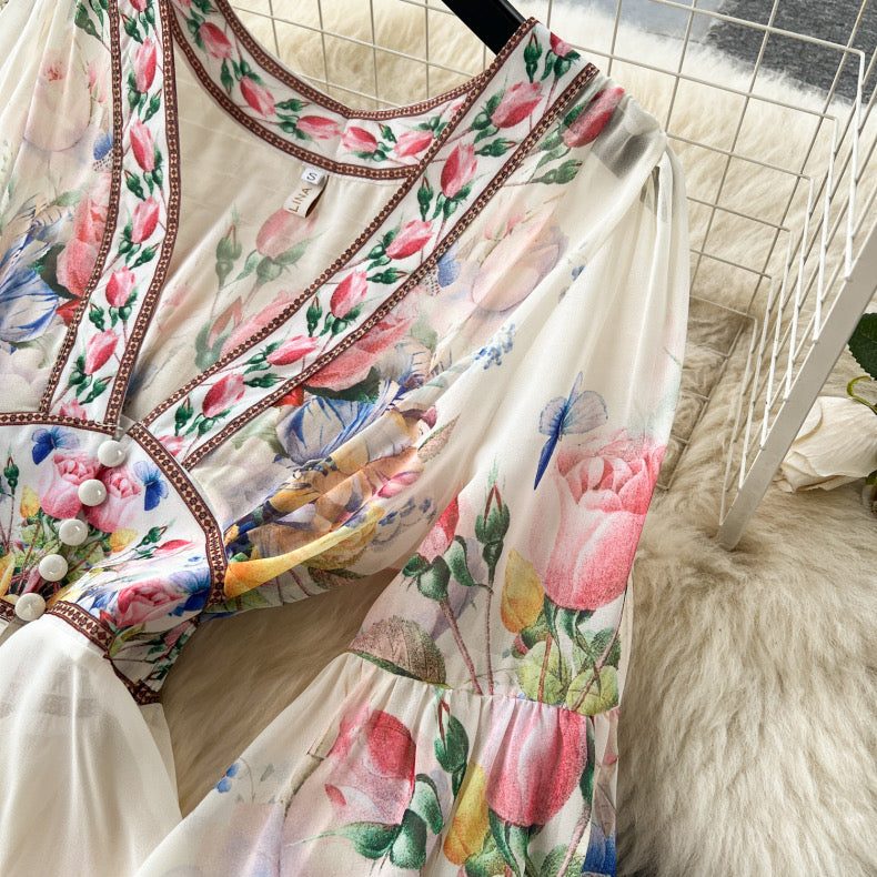 palace style bell sleeves chiffon ruffle dress