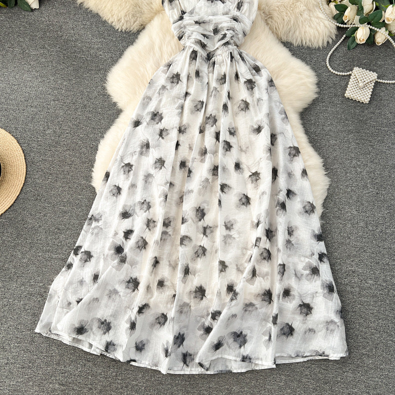 printed platycodon backless slim suspender dress m2417