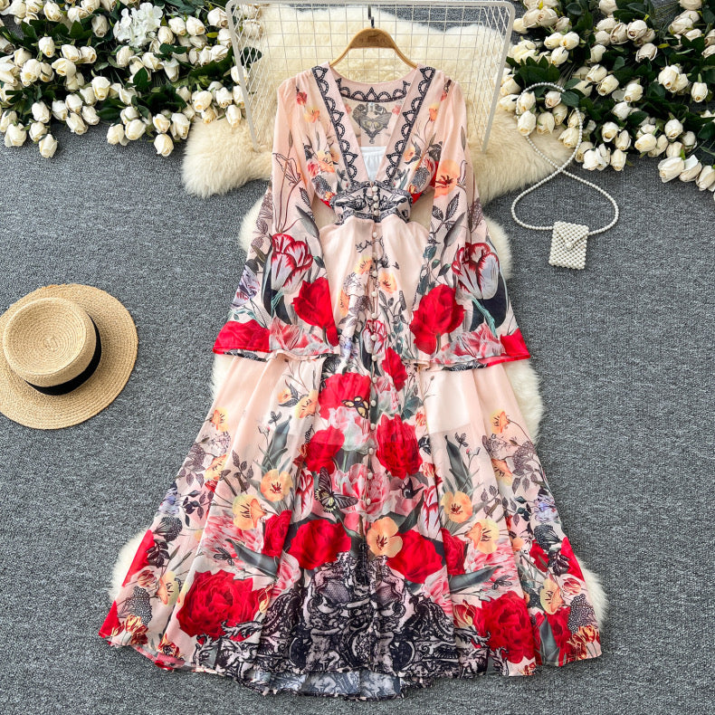 fashionable positioning print deep V-neck dress