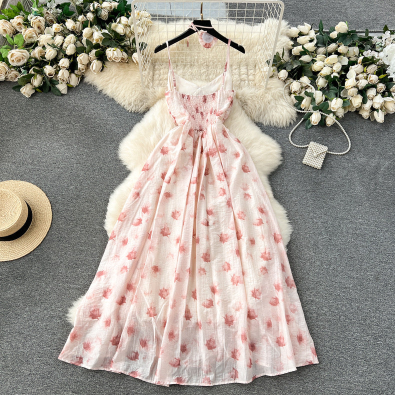 printed platycodon backless slim suspender dress m2417