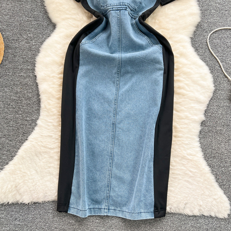 short-sleeved T-shirt with stitching denim suspender dress