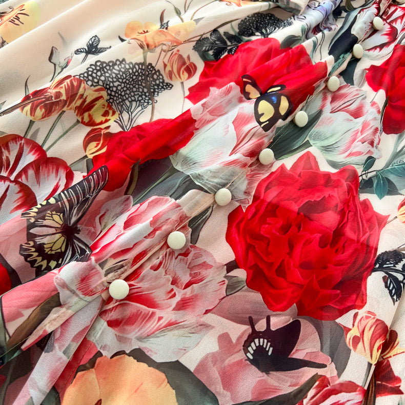 fashionable positioning print deep V-neck dress
