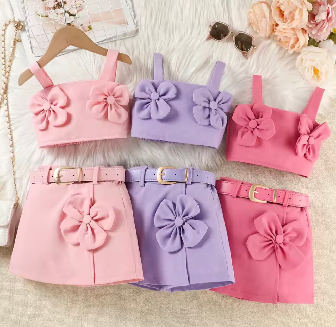 3D flower crop top with skirt & belt