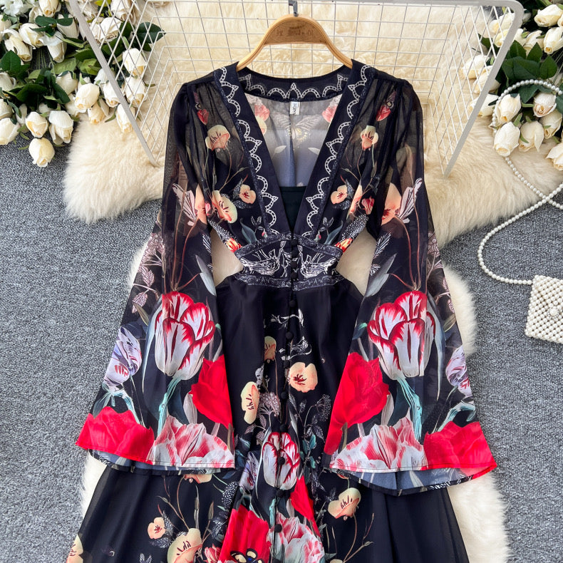 fashionable positioning print deep V-neck dress