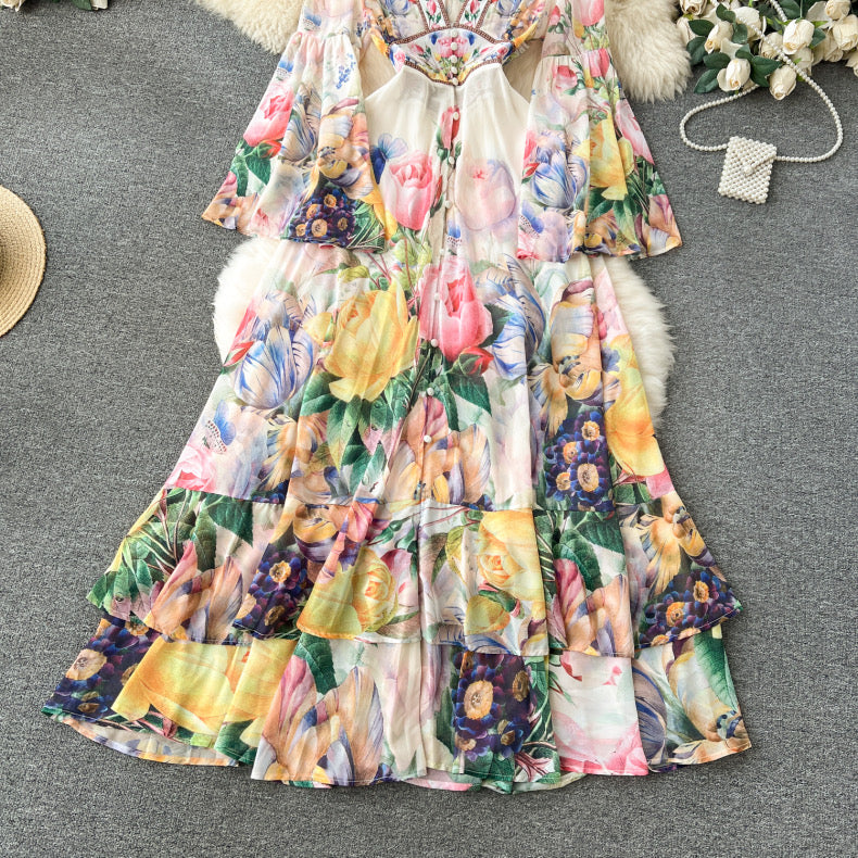 palace style bell sleeves chiffon ruffle dress
