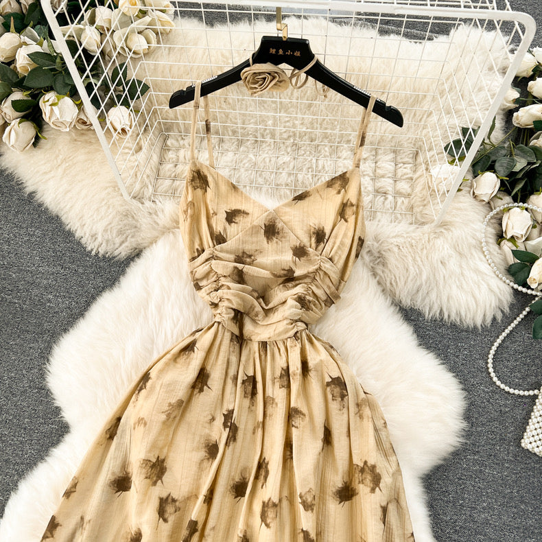 printed platycodon backless slim suspender dress m2417