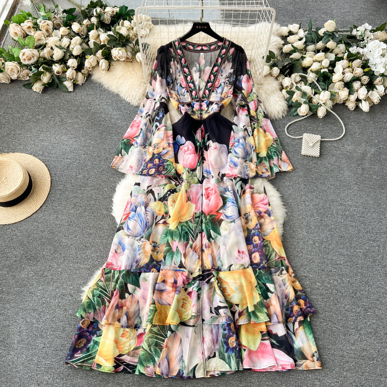 palace style bell sleeves chiffon ruffle dress
