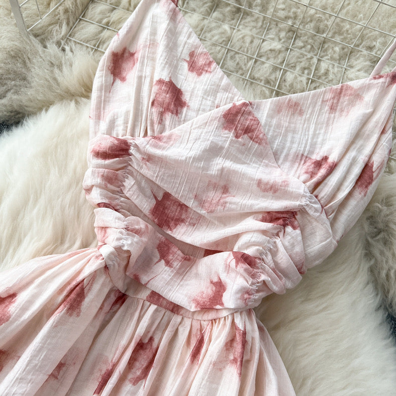 printed platycodon backless slim suspender dress m2417