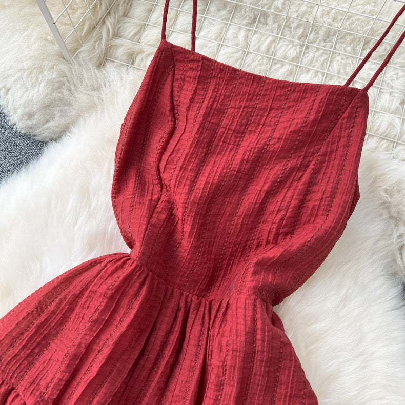 Square neck elastic waist slimming long backless suspender beach dress