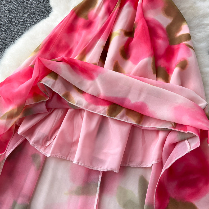 fairy suspender rose print chiffon dress