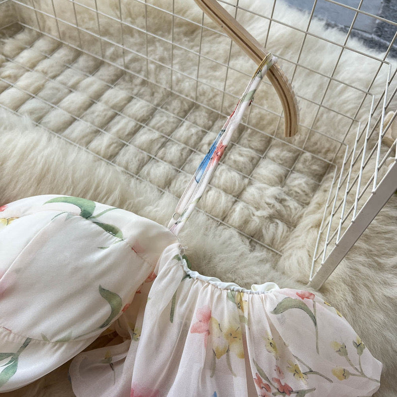 one-shoulder tube top floral puff sleeves mesh fairy suspender dress