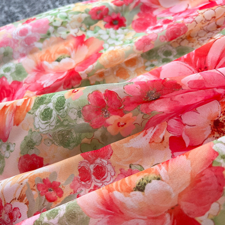 ruffled patchwork waist slimming and elegant printed chiffon dress