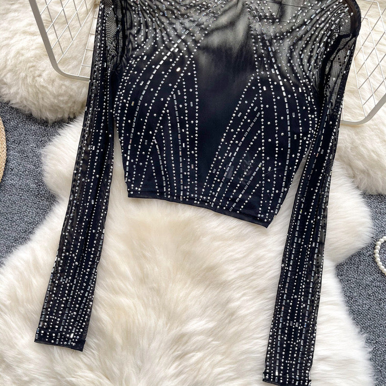 see-through, mesh heavy-duty rhinestone work blouse