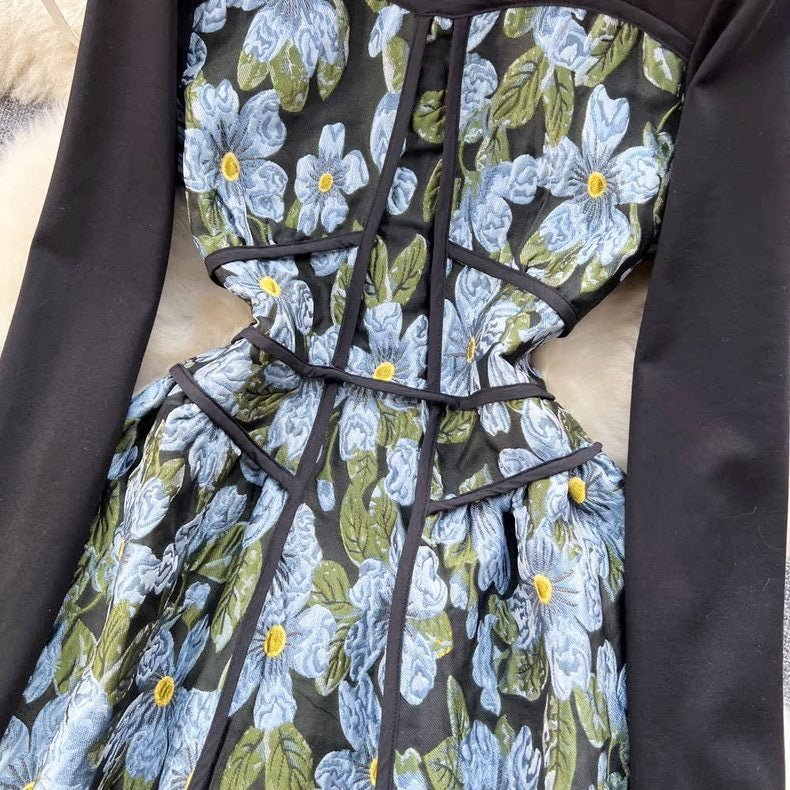 Jacquard Long Sleeve Round Neck Spliced dress