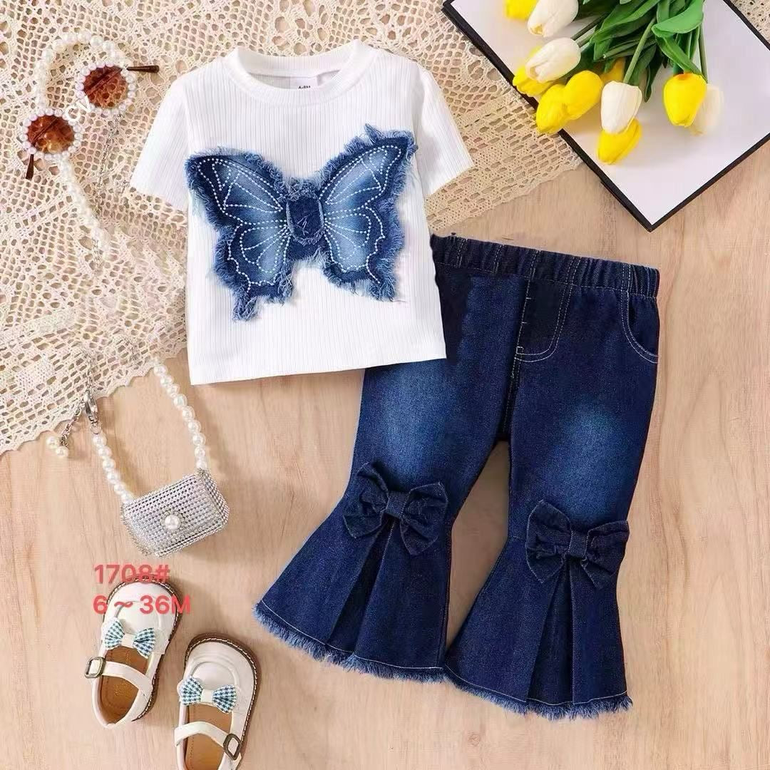 Denim 3D butterfly tshirt & pant set