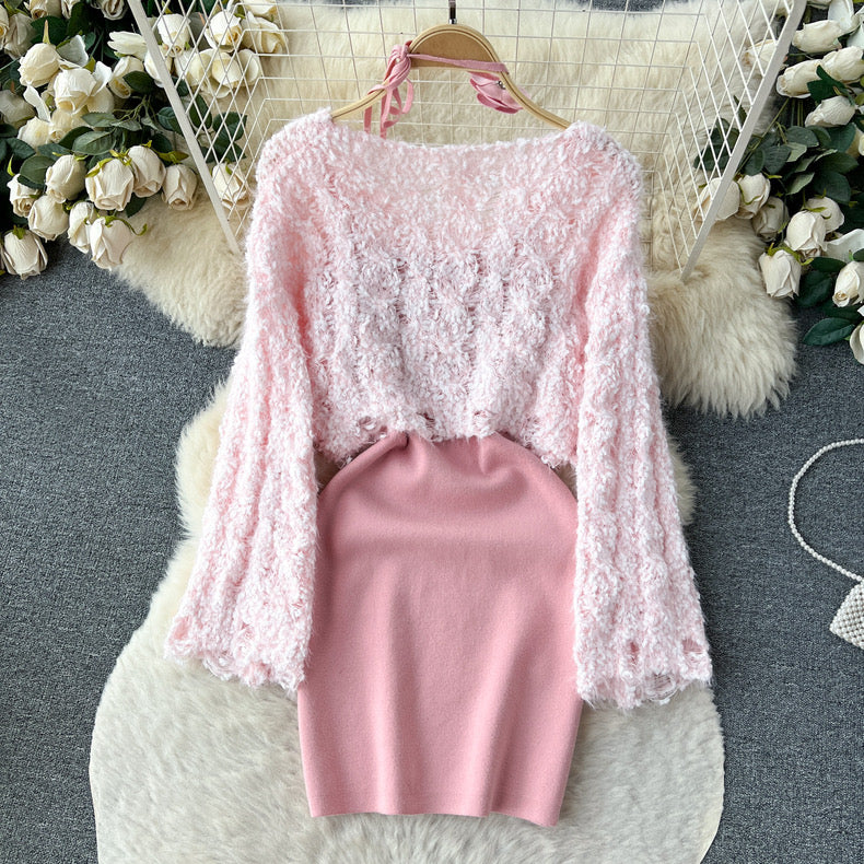 Short sweater blouse slim suspender knitted outfit suit