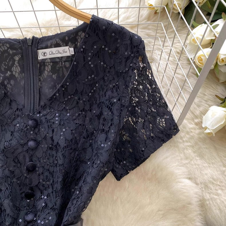 short-sleeved lace patchwork jacquard dress