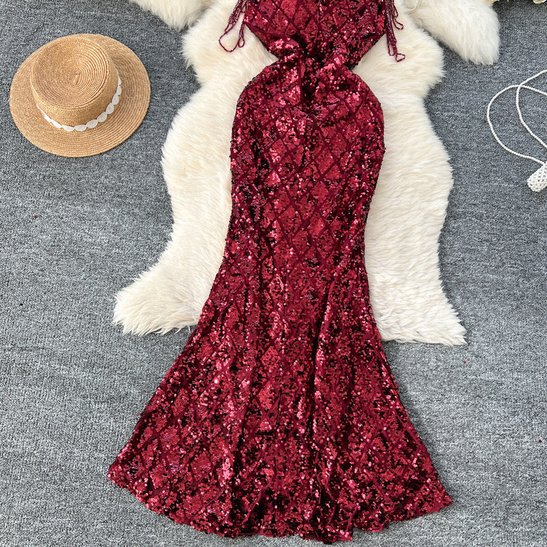 elegant embroidered beads and tassels, sexy V-neck waist slimming suspender slit fishtail dress with sequins