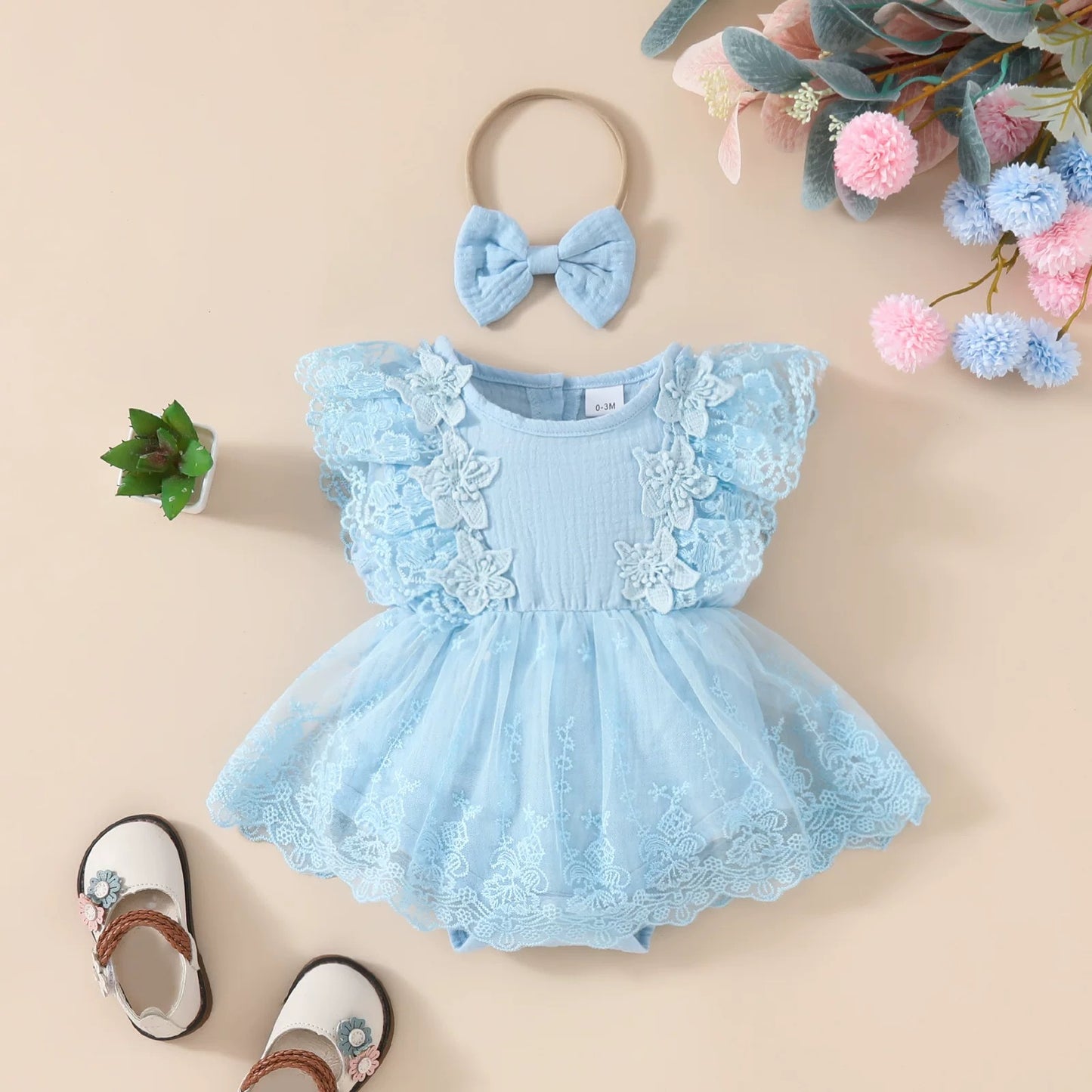 Cotton organic with net embroidery dress + headband
