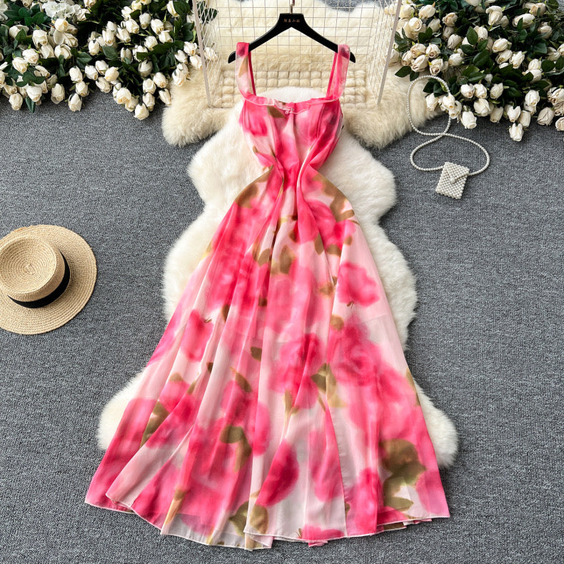 fairy suspender rose print chiffon dress
