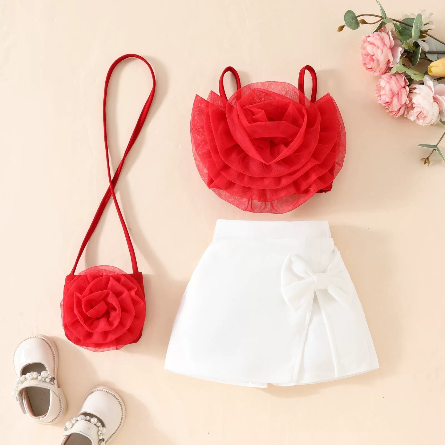 Cute flower top , pant style skirt & bag set