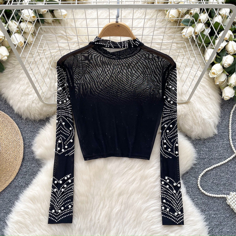 see-through, mesh heavy-duty rhinestone work blouse