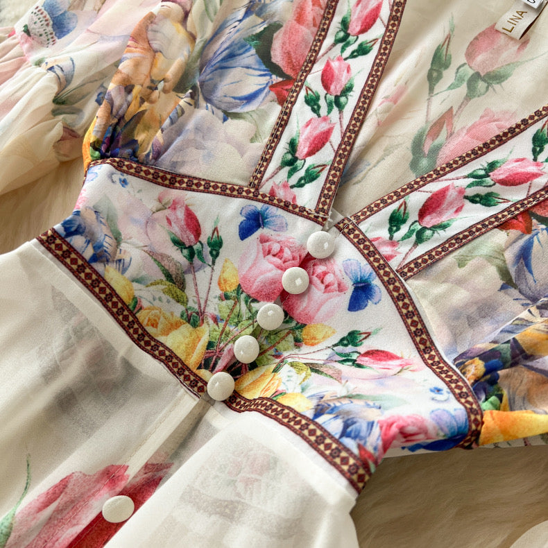 palace style bell sleeves chiffon ruffle dress