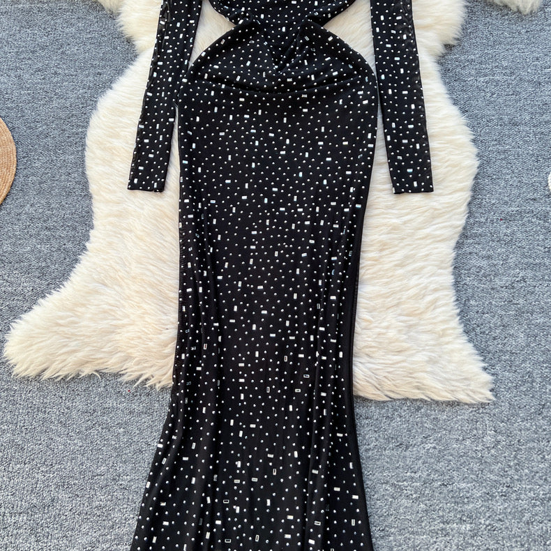 diamond square collar long-sleeved slim dress